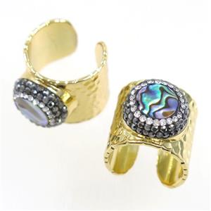 paua abalone shell Ring pave rhinestone, copper, gold plated, approx 10-22mm