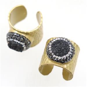 black Druzy Quartz Copper Ring pave rhinestone, duck gold, approx 10-22mm