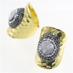 white Druzy Quartz Copper Ring pave rhineston, gold plated, approx 10-22mm