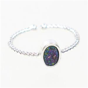 rainbow druzy quartz ring, oval, silver plated, approx 6mm, 18mm dia