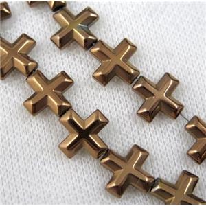 hematite cross beads, coffee electroplated, approx 6x6mm