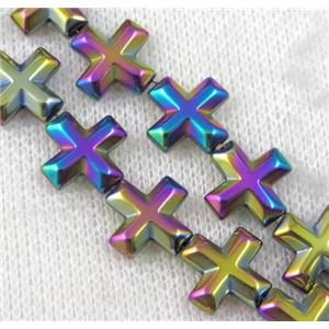 hematite cross beads, rainbow electroplated, approx 12x12mm