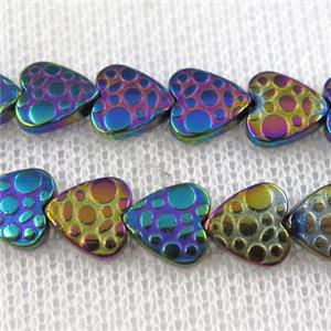 Hematite beads, matte heart, rainbow, approx 8mm dia