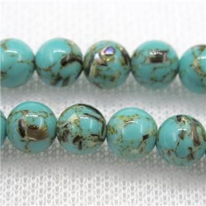 green synthetic turquoise beads with shelled, round, approx 6mm dia