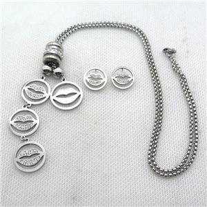 stainless steel necklace and earring, lip, platinum plated, approx 2.5mm, 20mm, 15mm dia