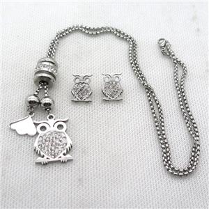 stainless steel necklace and earring, owl, platinum plated, approx 2.5mm, 20-28mm, 12-16mm