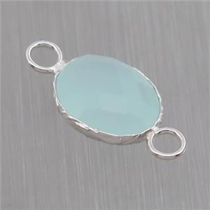 Sterling Silver connector with aqua Crystal Glass, oval, platinum plated, approx 8-10mm