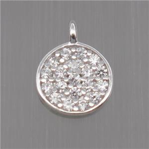 Sterling Silver circle pendant paved zircon, platinum plated, approx 7mm dia