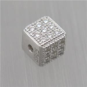 Sterling Silver cube beads paved zircon, platinum plated, approx 5.5mm