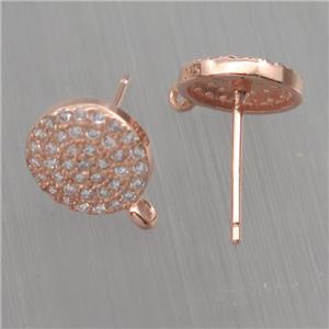 Sterling Silver studs Earrings paved zircon with loop, circle, rose gold, approx 9mm dia