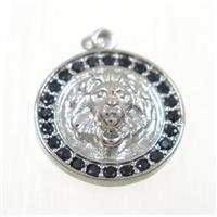 copper lionHead pendant paved zircon, platinum plated, approx 15mm dia