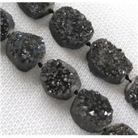 druzy quartz bead, freeform, black electroplated, approx 12-25mm