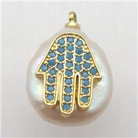 Natural pearl pendant with zircon, hamsahand, approx 10-16mm
