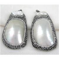 white Pearl shell pendant paved rhinestone, freeform, approx 30-70mm