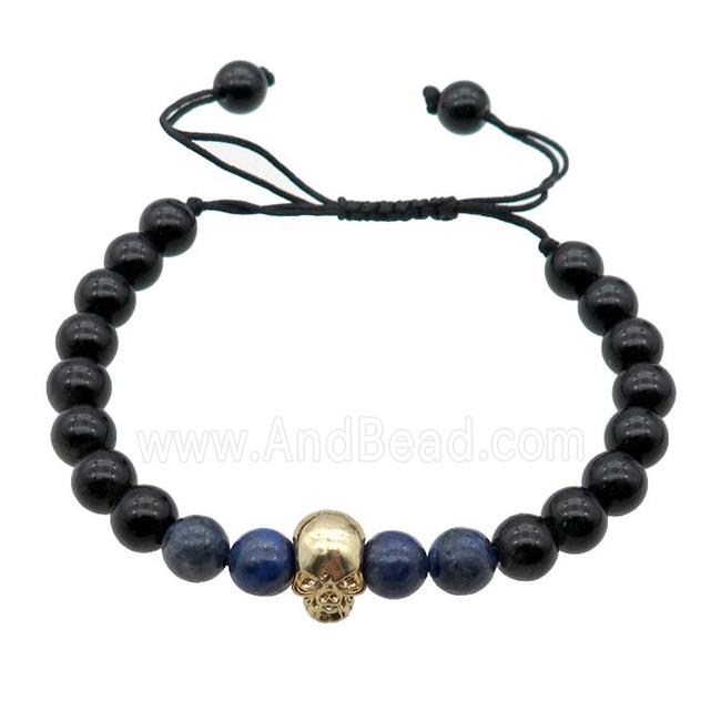 black Onyx Agate Bracelet with skull charm, adjustable