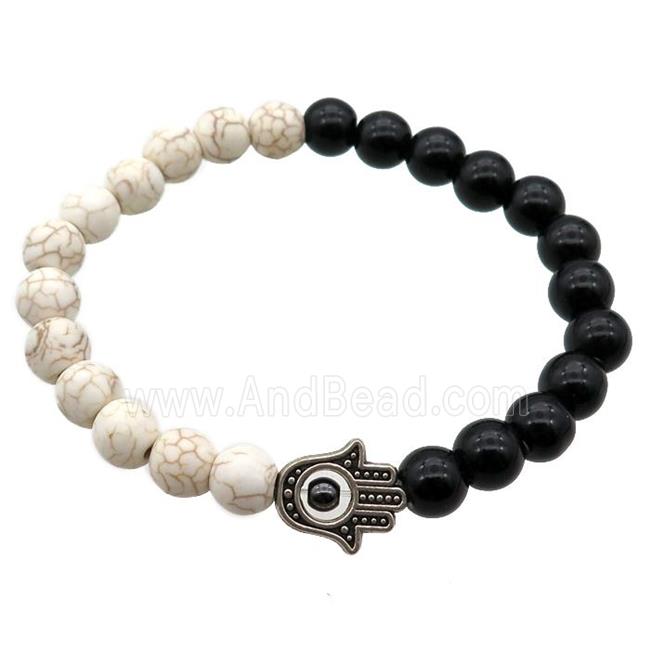 black Onyx Agate and white turquoise Bracelet with hamsahand, stretchy