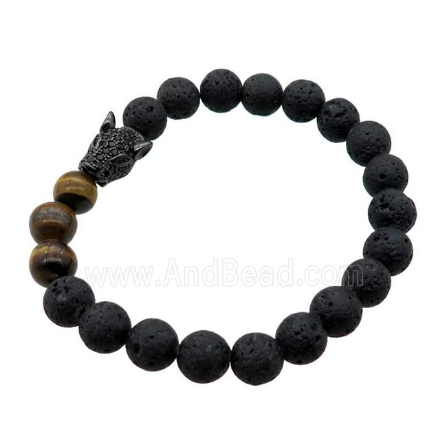 black Lava stone Bracelet with leopard, stretchy