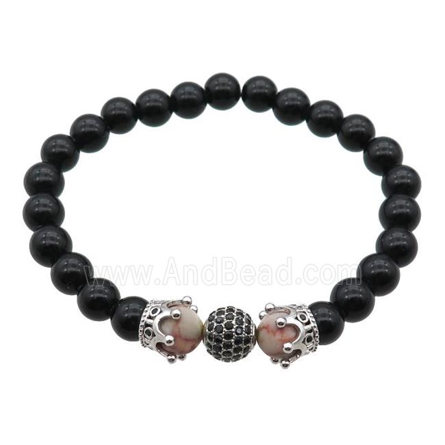 black Onyx Agate Bracelet with crown, stretchy