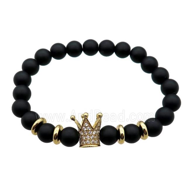 black matte Onyx Agate Bracelet with crown, stretchy