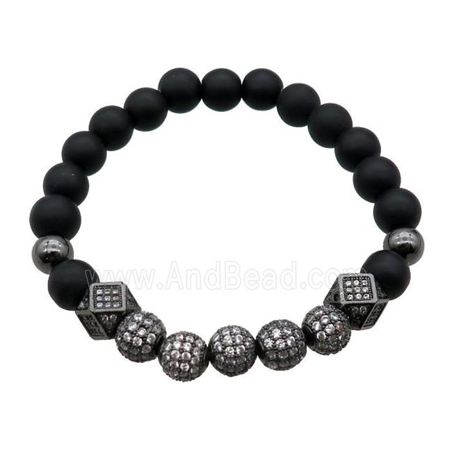 black matte Onyx Agate Bracelet with copper beads pave zircon, stretchy