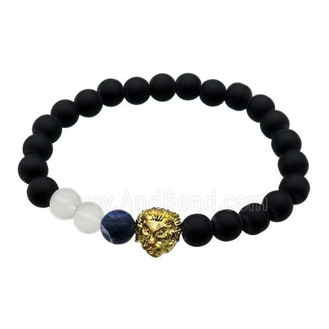 black matte Onyx Agate Bracelet with lion, stretchy