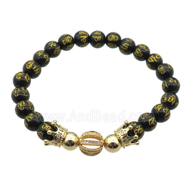 black Onyx Agate Bracelet with sutra, crown, stretchy