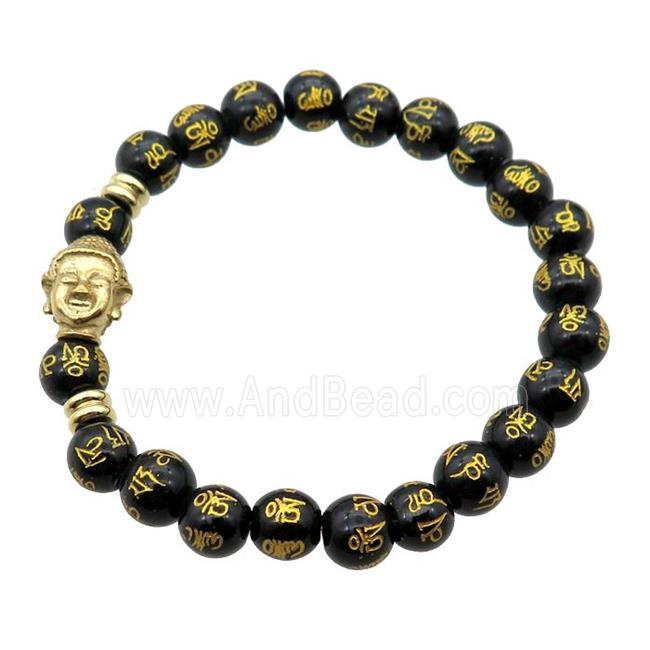 black Onyx Agate Bracelet with sutra, buddha, stretchy