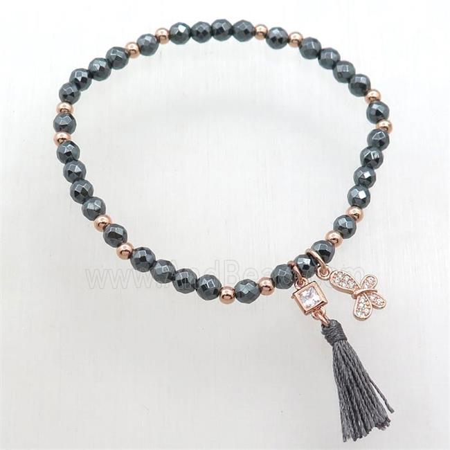 black Hematite Bracelet with tassel, stretchy