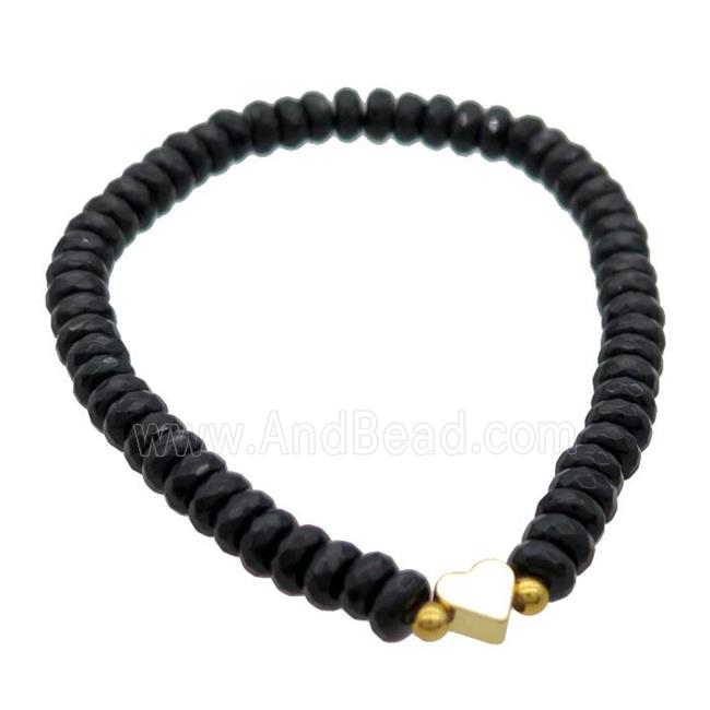 Black Onyx Agate Bracelet Rondelle Stretchy Heart
