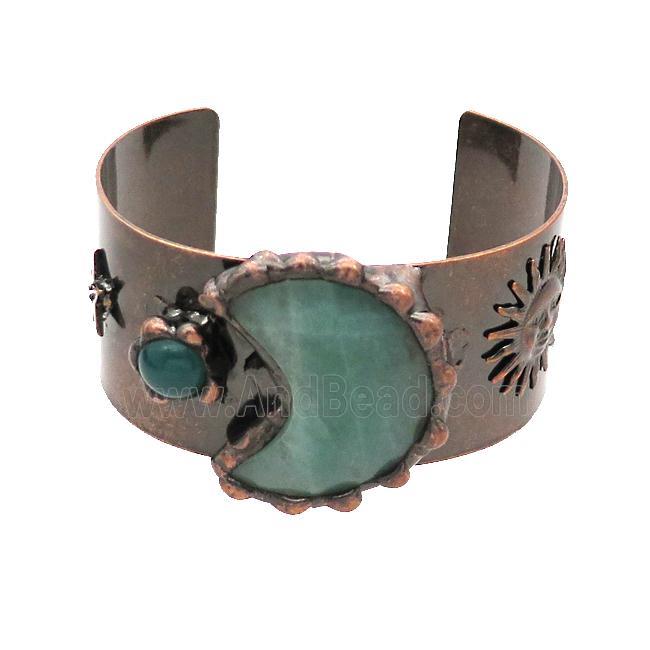 Copper Bangle Pave Gemstone Antique Red Green Aventurine Moon