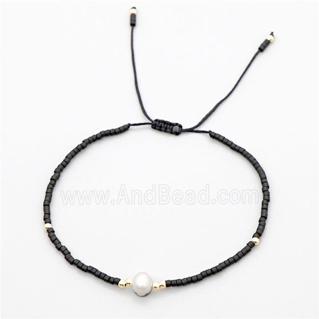 Handmade Miyuki Glass Bracelet With Pearl Adjustable Black
