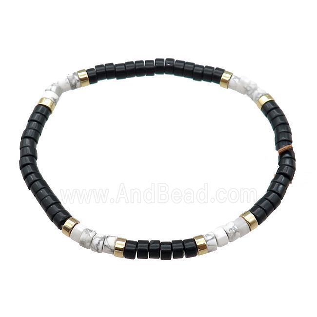 White Howlite Bracelet Stretchy Black Obsidian
