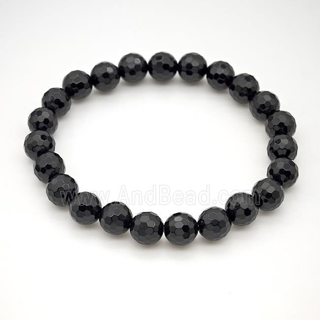 Natural Black Onyx Agate Bracelet Faceted Round Stretchy