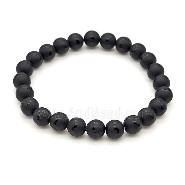 Natural Black Onyx Agate Bracelet Smooth Round Wave Stretchy