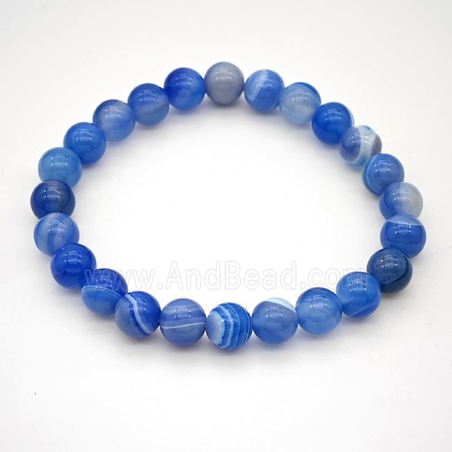 Natural Stripe Agate Bracelet Blue Dye Smooth Round Stretchy
