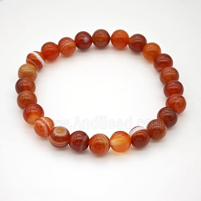 Natural Stripe Agate Bracelet Red Dye Smooth Round Stretchy
