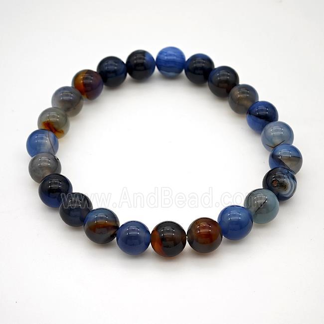 Natural Agate Bracelet Blue Dye Smooth Round Stretchy
