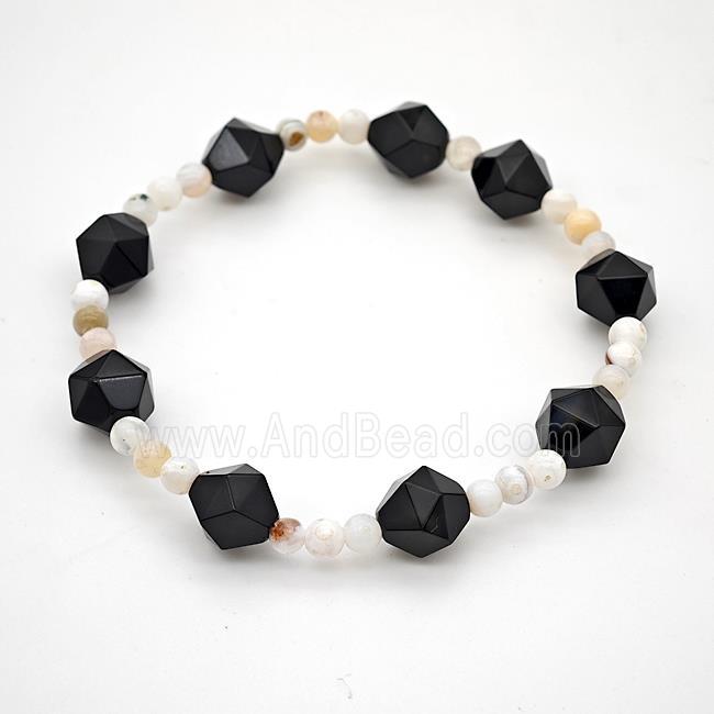 Black Onyx Agate Bracelet Faceted Round Stretchy