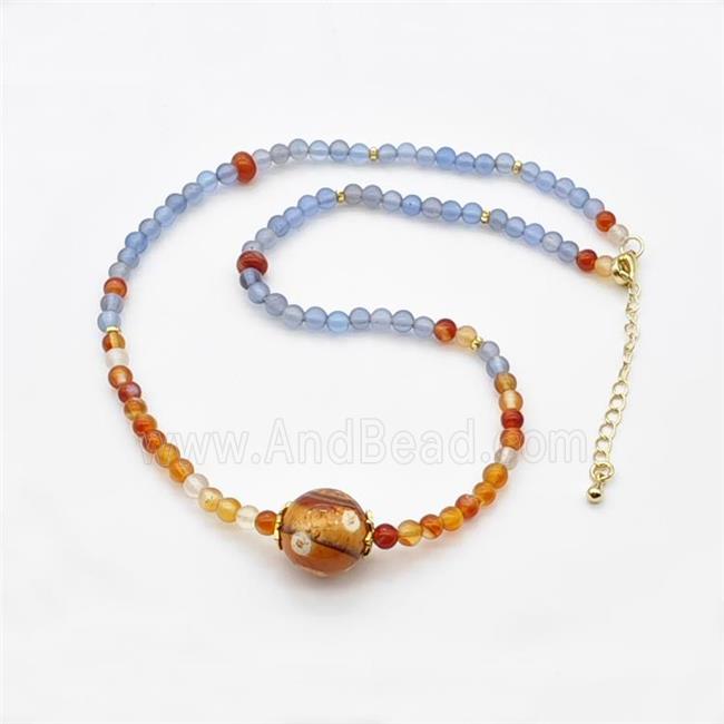 Natural Agate Necklace Blue Red Dye Smooth Round
