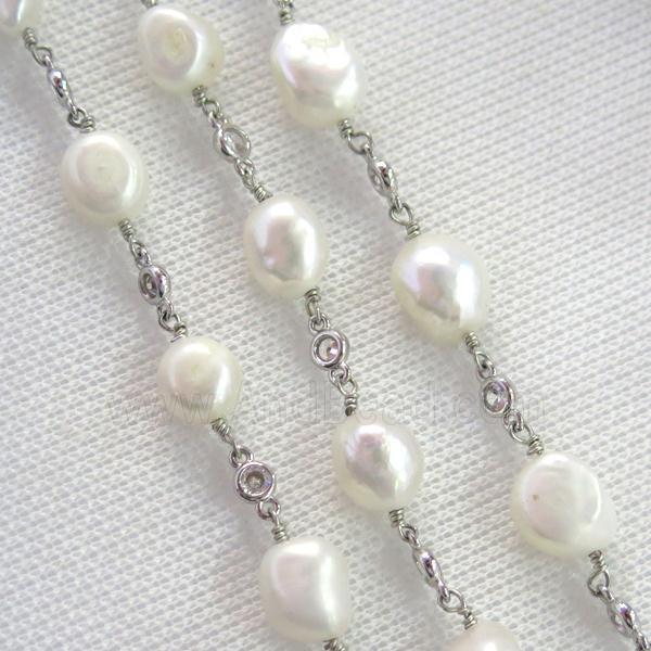 white Pearl chain with zircon, platinum plated