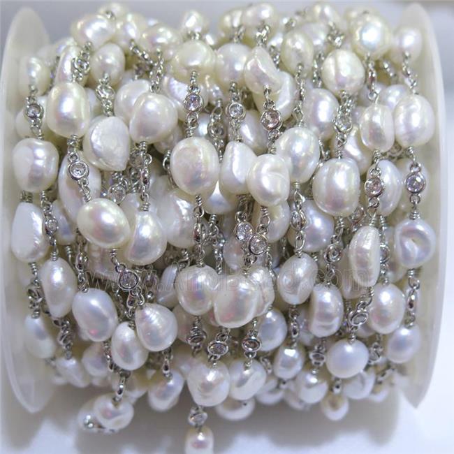 white Pearl chain with zircon, platinum plated