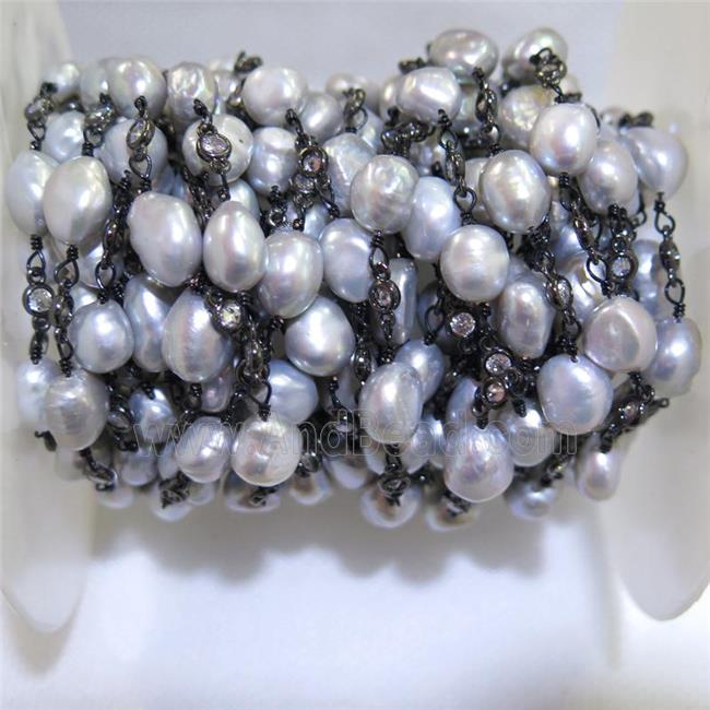 gray Pearl chain with zircon, black plated