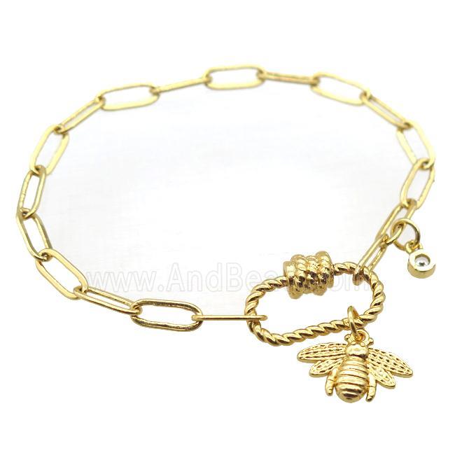 copper bracelet with carabiner lock, honeybee, gold plated