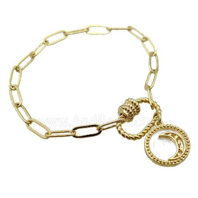 copper bracelet with carabiner lock, moon, gold plated
