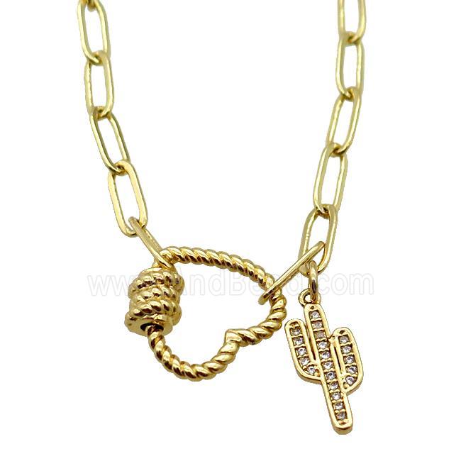 copper necklace with carabiner lock, cactus, gold plated