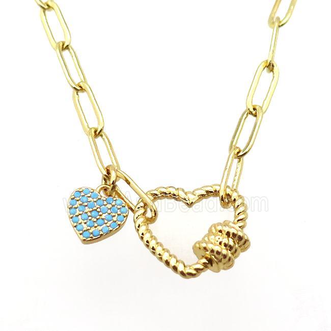 copper necklace with carabiner lock, heart, gold plated