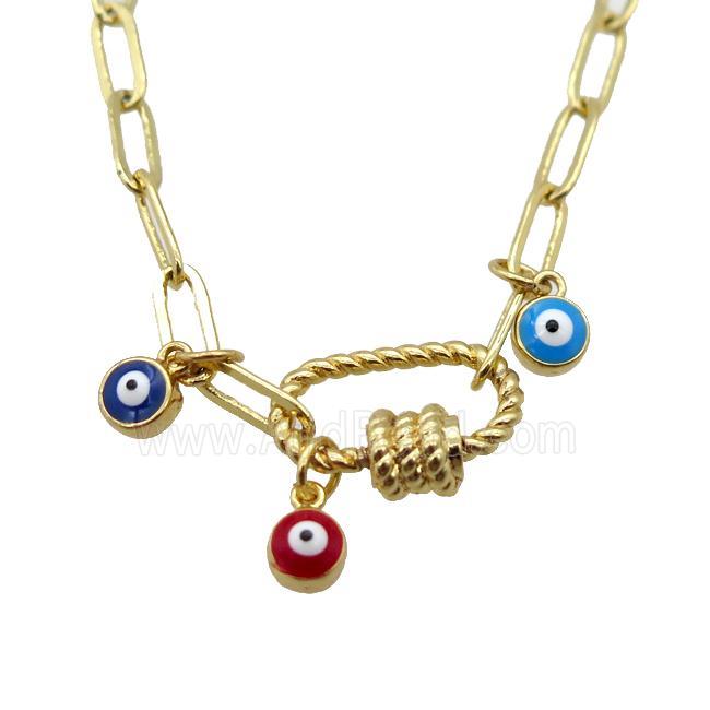 copper necklace with carabiner lock, evil eye, gold plated