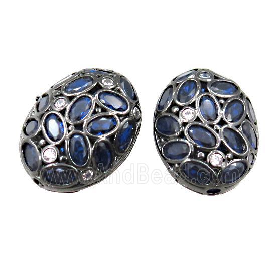 copper oval beads pave blue zircon, hollow, black plated