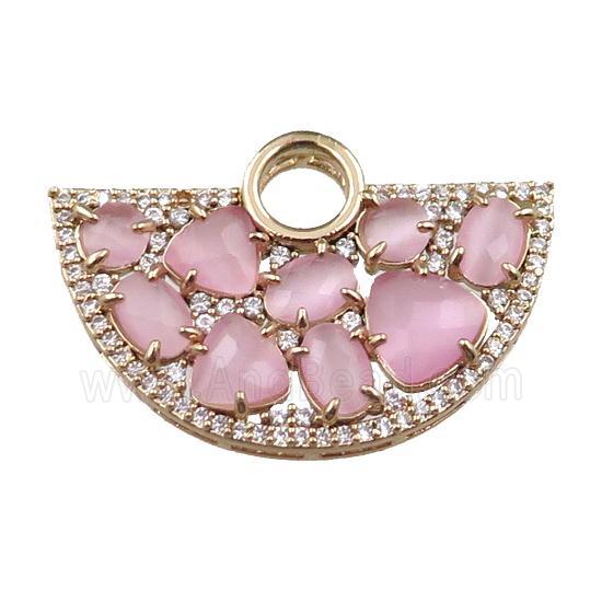 copper fan hollow pendant paved zircon with pink crystal glass, gold plated