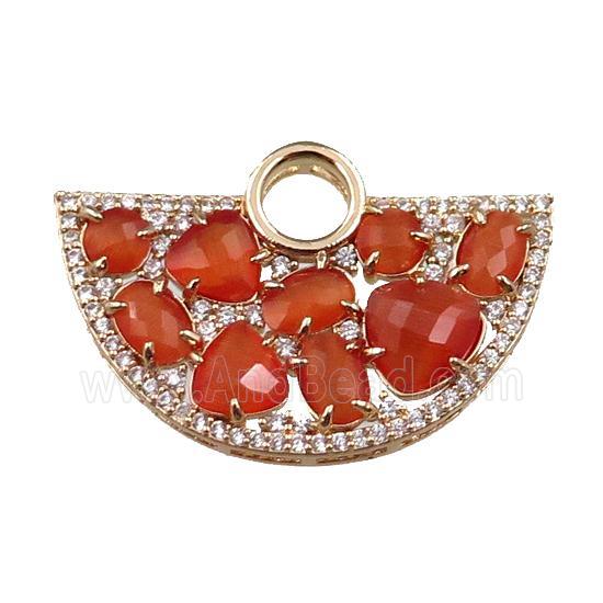 copper fan hollow pendant paved zircon with orange crystal glass, gold plated